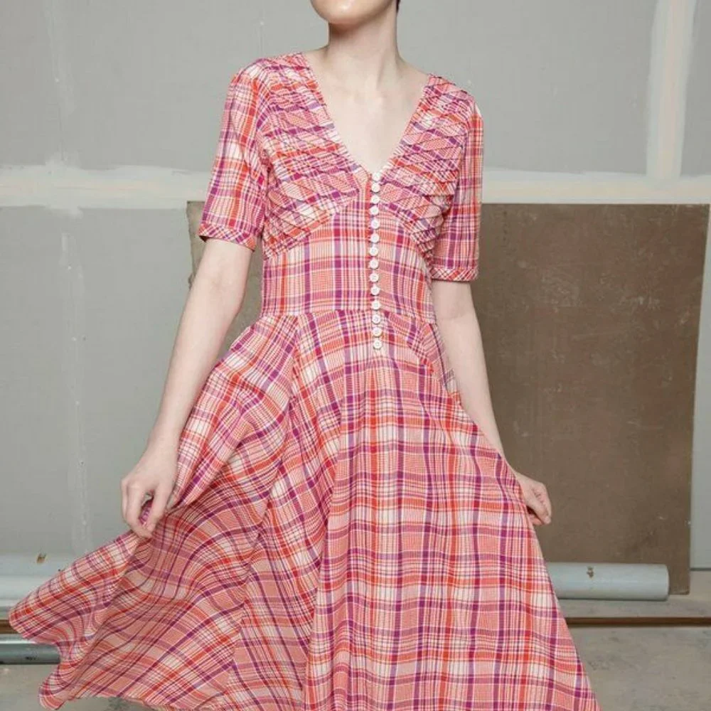 No.6 Paola Circle Plaid & Check Printed Fit & Flare Midi Dress S - Picture 6 of 10